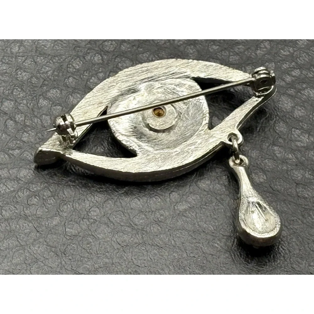 Vintage Crystal Eye Teardrop Crying Brooch Silver Tone Black Blue Rhinestone Pin